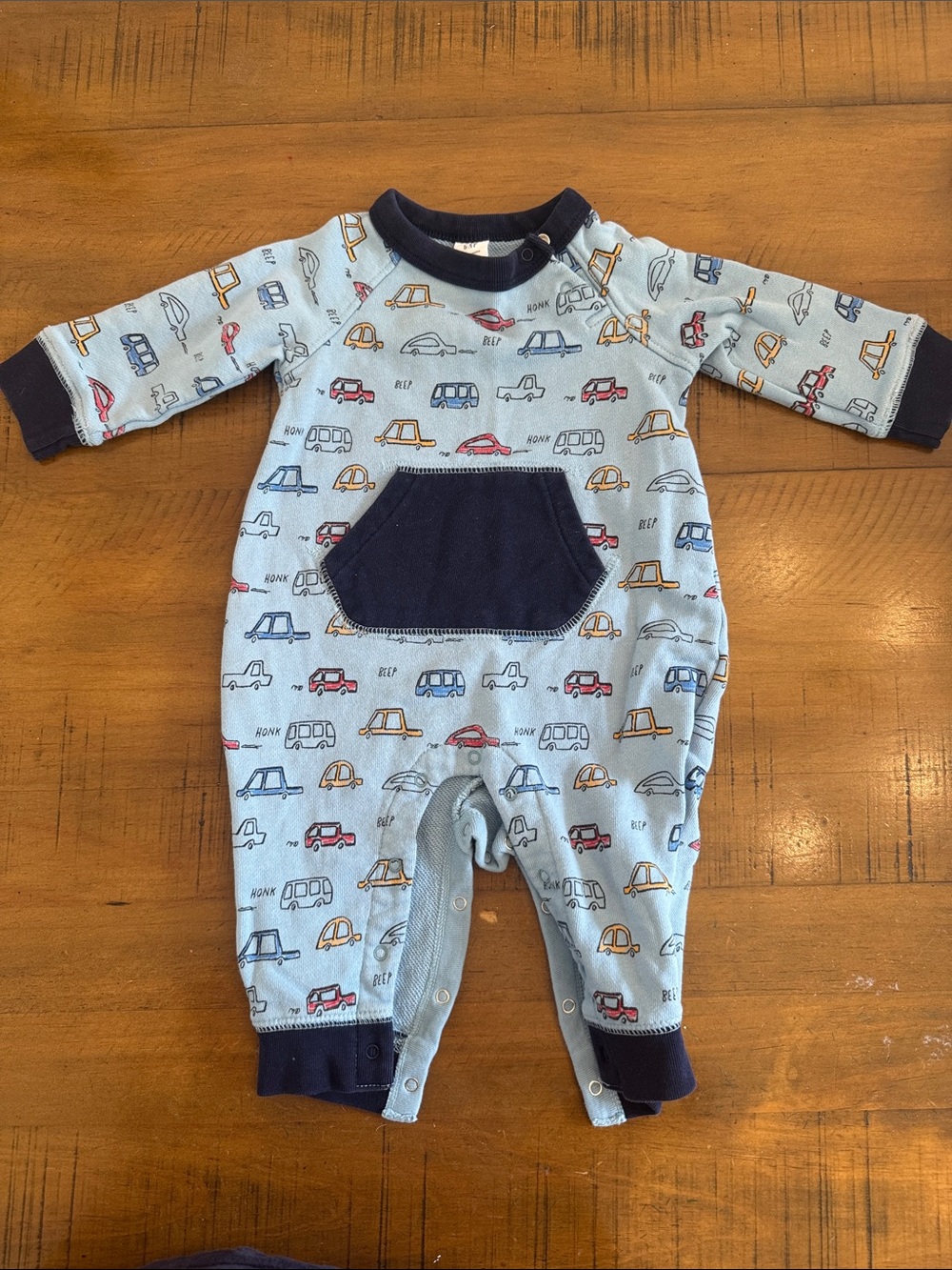GAP Light Blue Car-Print Footie with Navy Pocket